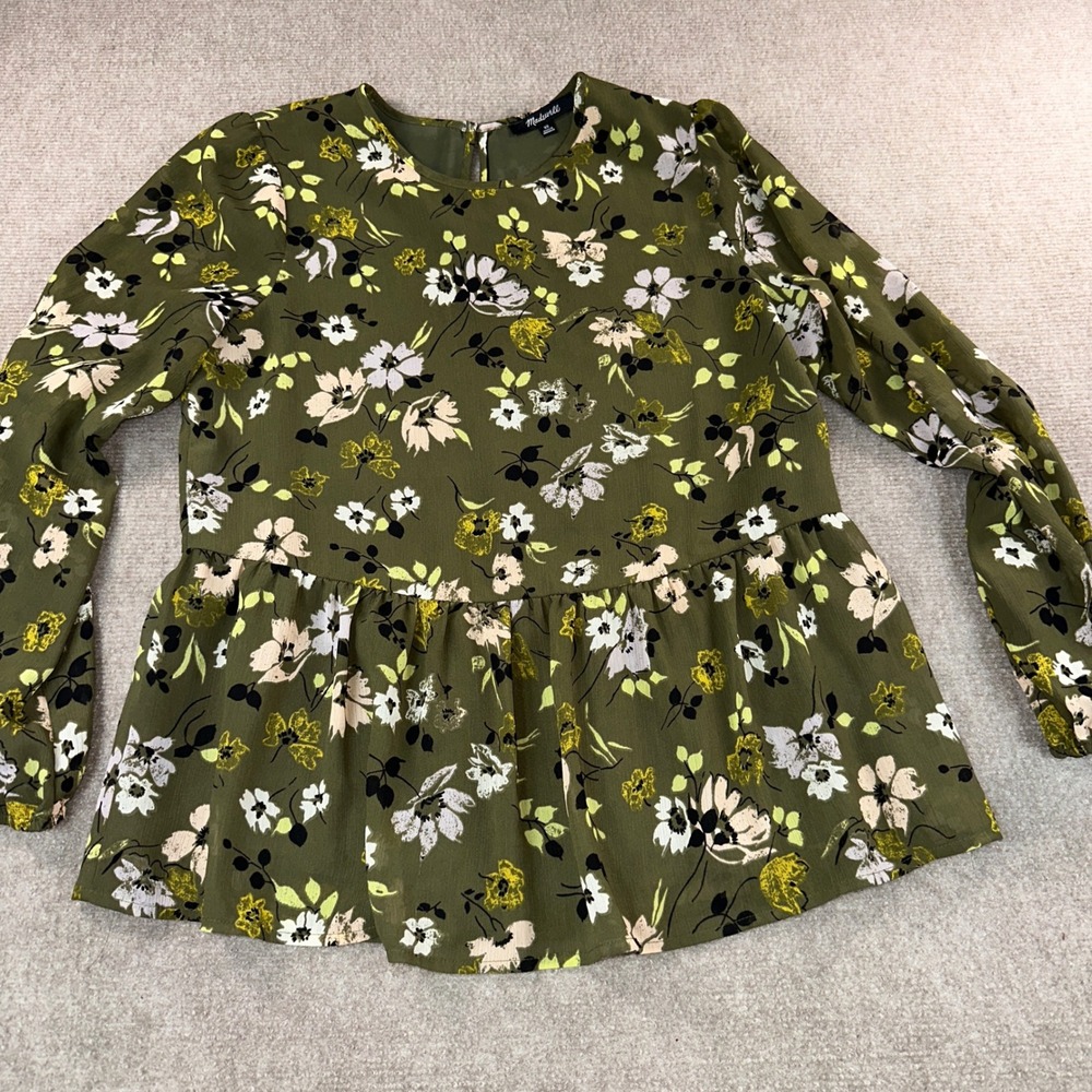 Madewell Olive Green‎ Floral Peplum Long Sleeve Blouse Top XS 6451